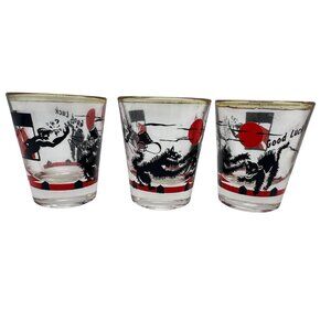 Set of 3 Vintage Good Luck Black Cat Shot Glasses Bar Humor Novelty